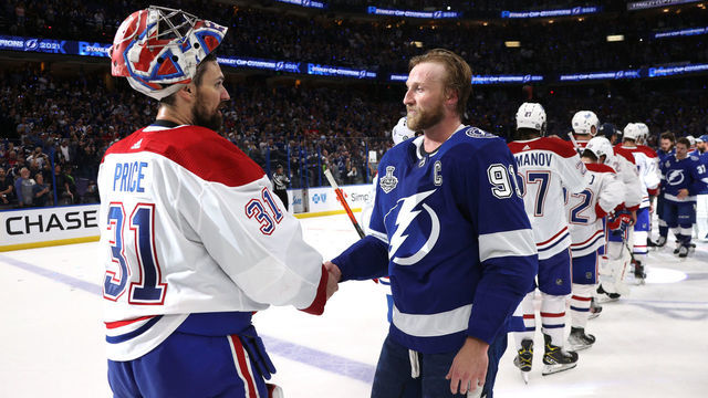 TAMPA, FLORIDA - JULY 07: Goaltender Carey Price #31 of the Montreal Canadiens and Steven Stamkos #91 of the Tampa Bay Lightning shake hands after the Tampa Bay Lightning 1-0 victory in Game Five of the 2021 Stanley Cup Final to win the series four games to one against the Montreal Canadiens at Amalie Arena on July 07, 2021 in Tampa, Florida.