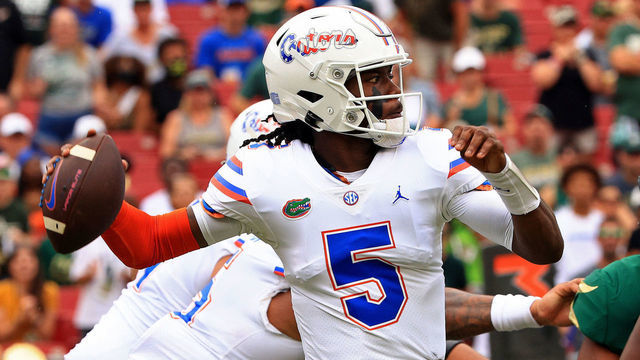 TAMPA, FLORIDA - SEPTEMBER 11: Emory Jones #5 of the Florida Gators passes during a game against the South Florida Bulls at Raymond James Stadium on September 11, 2021 in Tampa, Florida.