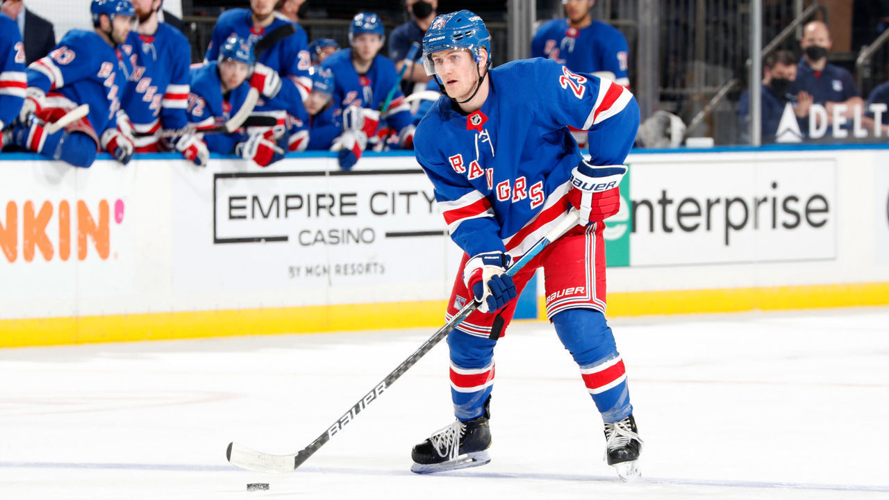 NEW YORK, NY - APRIL 27: Adam Fox #23 of the New York Rangers skates with the puck against the Buffalo Sabres at Madison Square Garden on April 27, 2021 in New York City.