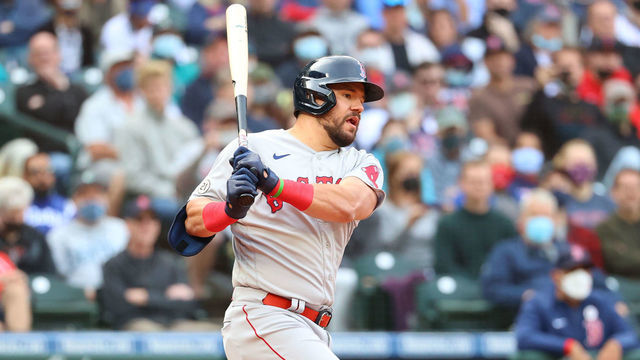 SEATTLE, WASHINGTON - SEPTEMBER 15: Kyle Schwarber #18 of the Boston Red Sox hits a two-run single against the Seattle Mariners during the tenth inning at T-Mobile Park on September 15, 2021 in Seattle, Washington.