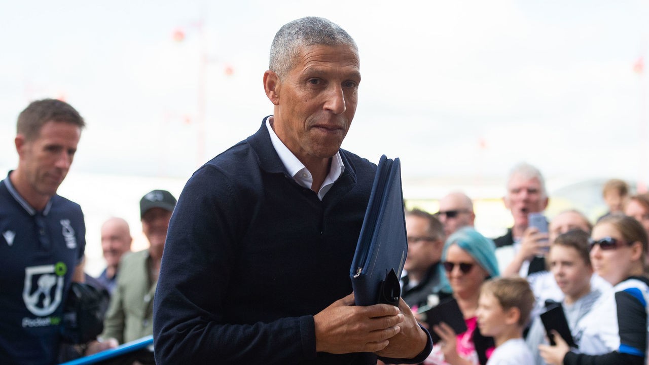 Nottingham Forest manager, Chris Hughton arrives as Derby County supporters shout 'your getting sacked in the morning' during the Sky Bet Championship match between Derby County and Nottingham Forest at the Pride Park, Derby on Saturday 28th August 2021.