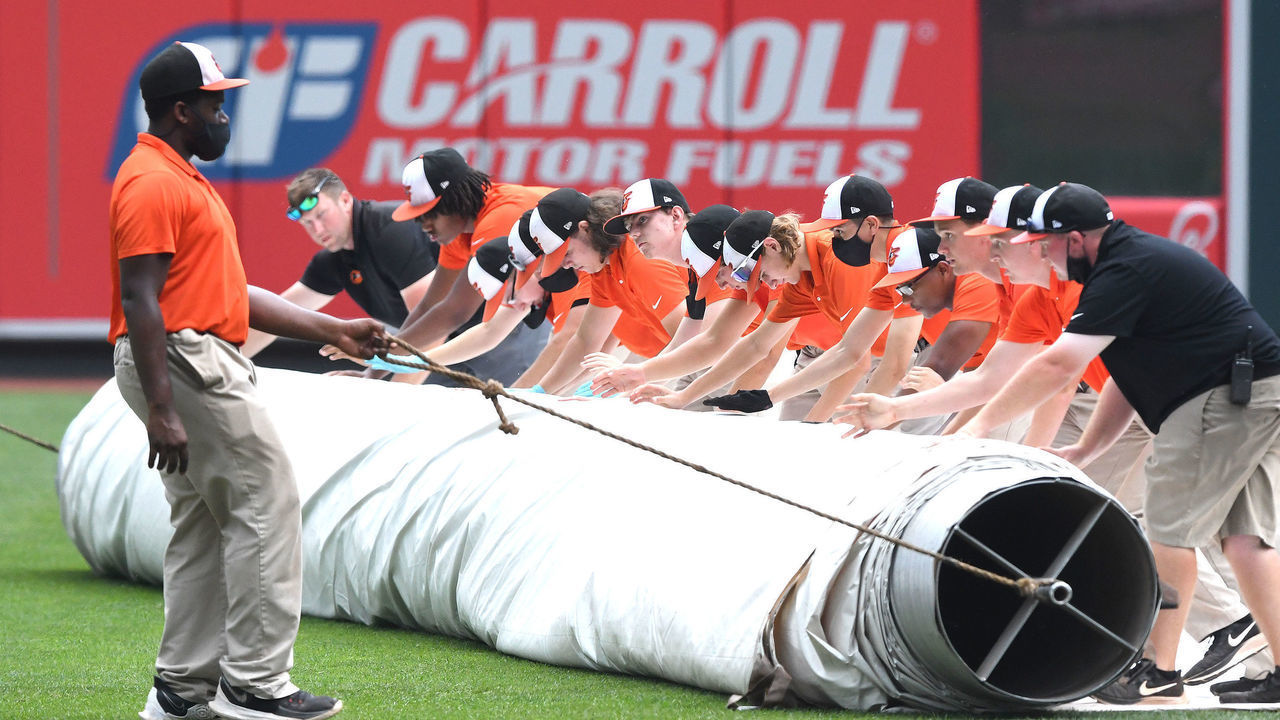 BALTIMORE, MD - AUGUST 11: The Baltimore Orioles grounds crew covers the field before it starts to rain at a baseball game against the Detroit Tigers at Oriole Park at Camden Yards on August 11, 2021 in Baltimore, Maryland.