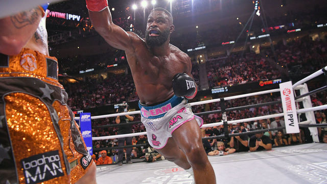 CLEVELAND, OHIO - AUGUST 29: Tyron Woodley fights Jake Paul in their cruiserweight bout during a Showtime pay-per-view event at Rocket Morgage Fieldhouse on August 29, 2021 in Cleveland, Ohio.