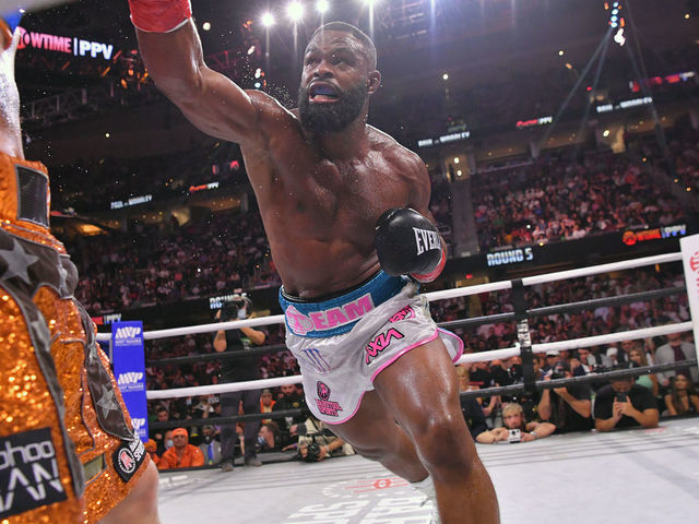 CLEVELAND, OHIO - AUGUST 29: Tyron Woodley fights Jake Paul in their cruiserweight bout during a Showtime pay-per-view event at Rocket Morgage Fieldhouse on August 29, 2021 in Cleveland, Ohio.