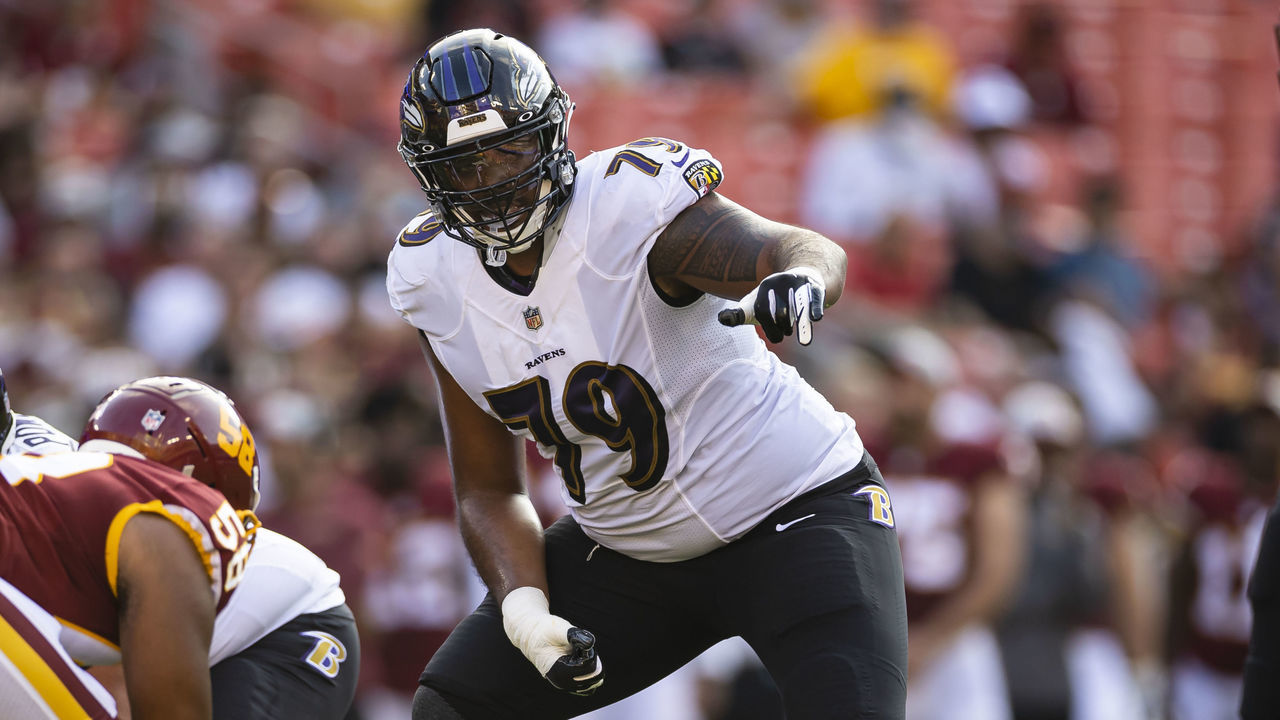 LANDOVER, MD - AUGUST 28: Ronnie Stanley #79 of the Baltimore Ravens lines up against the Washington Football Team during the first half of the preseason game at FedExField on August 28, 2021 in Landover, Maryland.