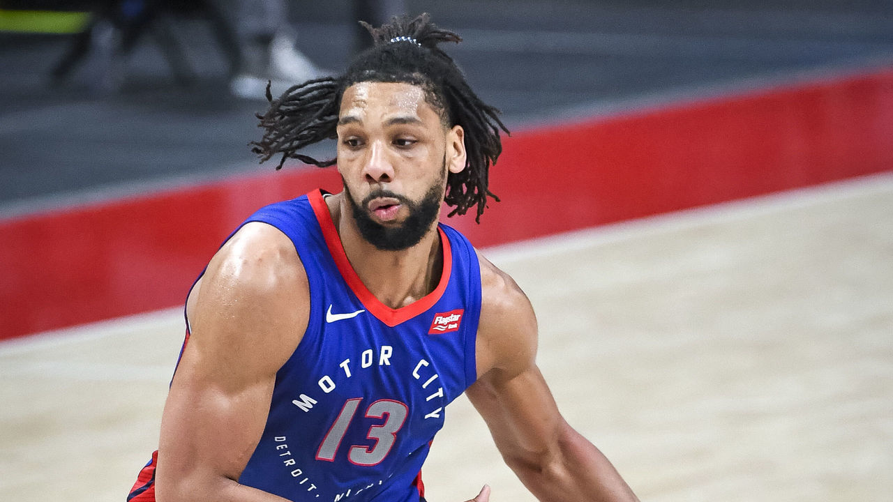 DETROIT, MICHIGAN - APRIL 29: Jahlil Okafor #13 of the Detroit Pistons handles the ball against the Dallas Mavericks during the fourth quarter of the NBA game at Little Caesars Arena on April 29, 2021 in Detroit, Michigan.