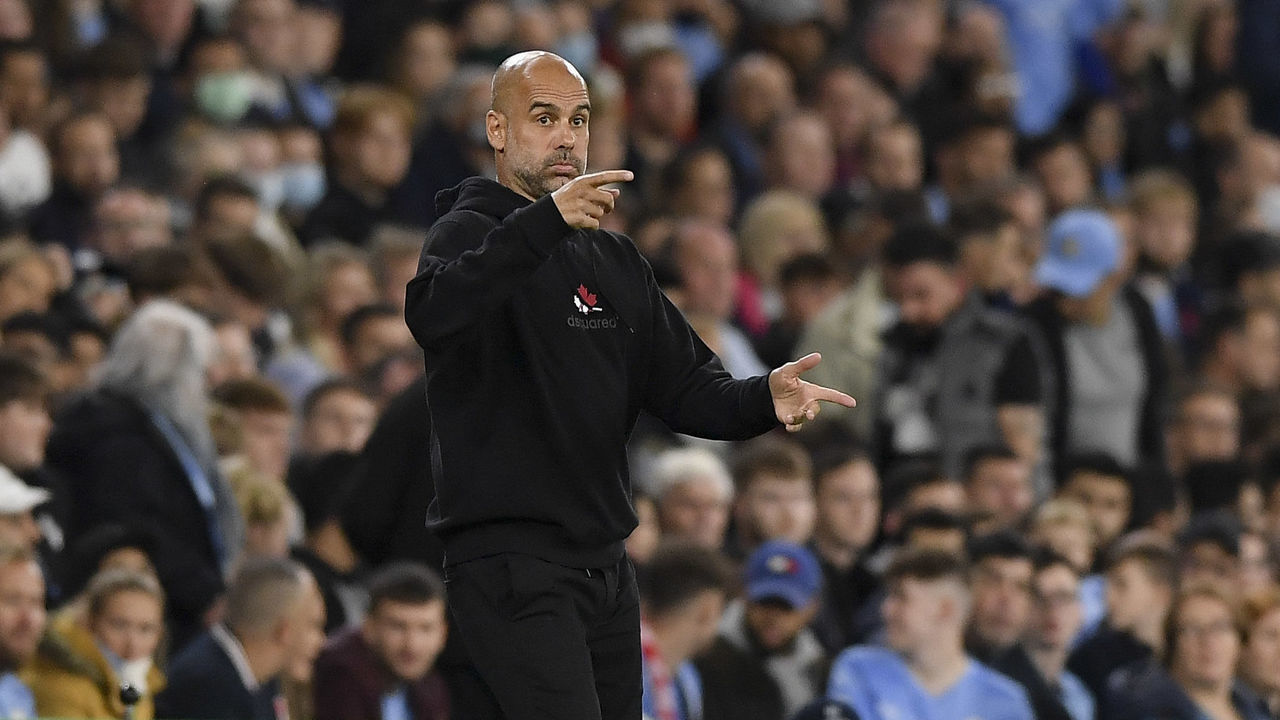 MANCHESTER, ENGLAND - SEPTEMBER 15: (BILD OUT) head coach Pep Guardiola of Manchester City gestures during the UEFA Champions League group A match between Manchester City and RB Leipzig at Etihad Stadium on September 15, 2021 in Manchester, United Kingdom.