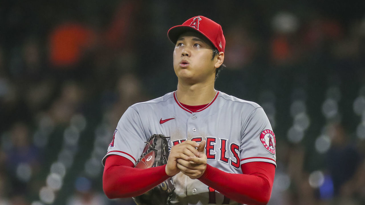 HOUSTON, TX - SEPTEMBER 10: Los Angeles Angels starting pitcher Shohei Ohtani (17) looks toward the outfield in the bottom of the third inning during the baseball game between the Los Angeles Angels and Houston Astros on September 10, 2021 at Minute Maid Park in Houston, Texas.