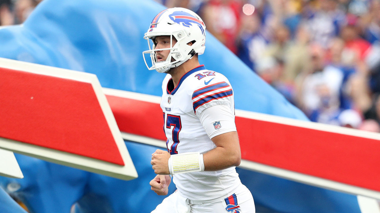 ORCHARD PARK, NEW YORK - SEPTEMBER 12: Josh Allen #17 of the Buffalo Bills runs on the field prior to a game against the Pittsburgh Steelers at Highmark Stadium on September 12, 2021 in Orchard Park, New York.