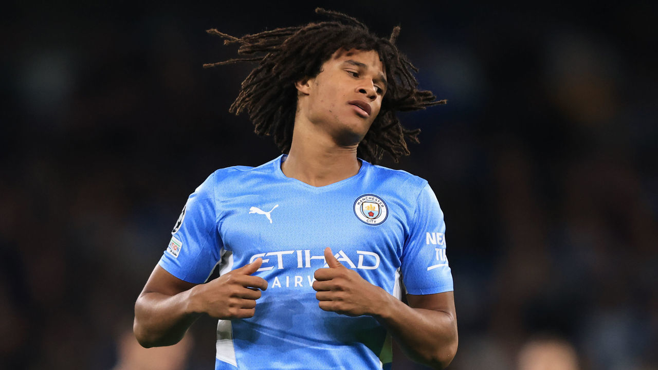 MANCHESTER, ENGLAND - SEPTEMBER 15: Nathan Ake of Manchester City during the UEFA Champions League group A match between Manchester City and RB Leipzig at Etihad Stadium on September 15, 2021 in Manchester, United Kingdom.