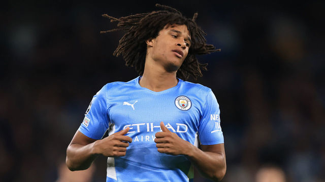 MANCHESTER, ENGLAND - SEPTEMBER 15: Nathan Ake of Manchester City during the UEFA Champions League group A match between Manchester City and RB Leipzig at Etihad Stadium on September 15, 2021 in Manchester, United Kingdom.