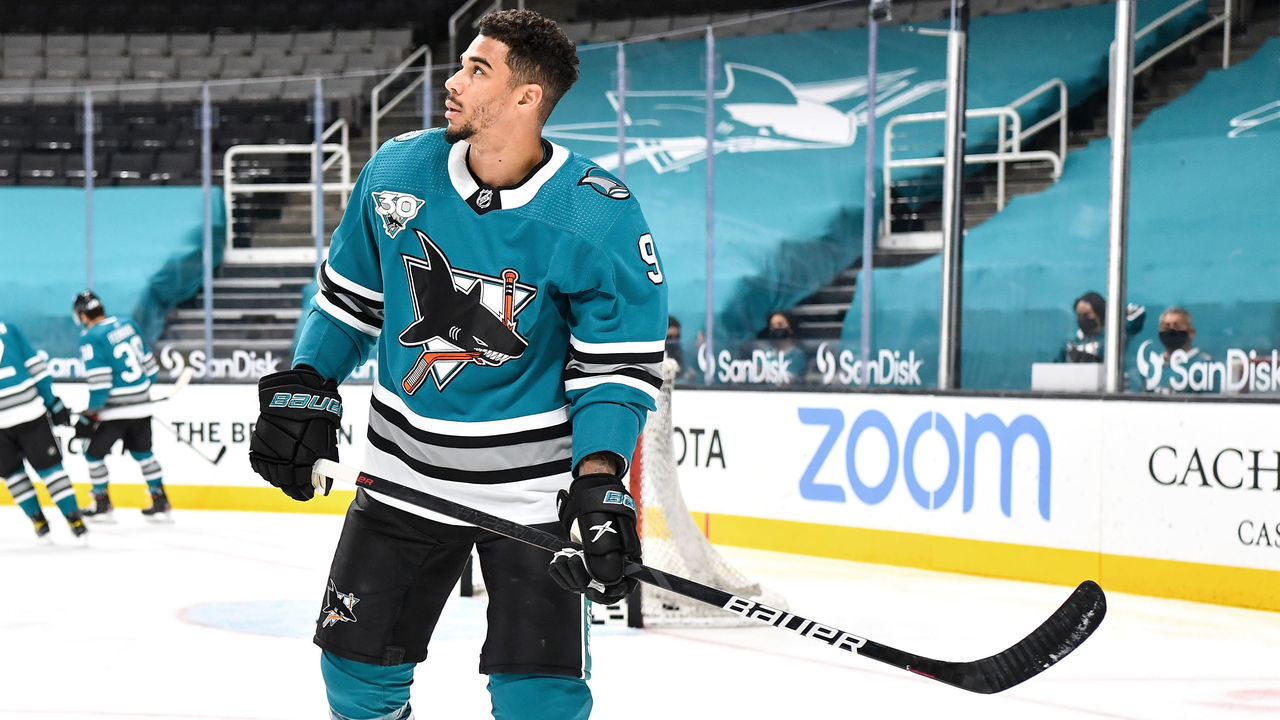 SAN JOSE, CA - MAY 08: Evander Kane #9 of the San Jose Sharks skates during warmups against the Arizona Coyotes at SAP Center on May 8, 2021 in San Jose, California.