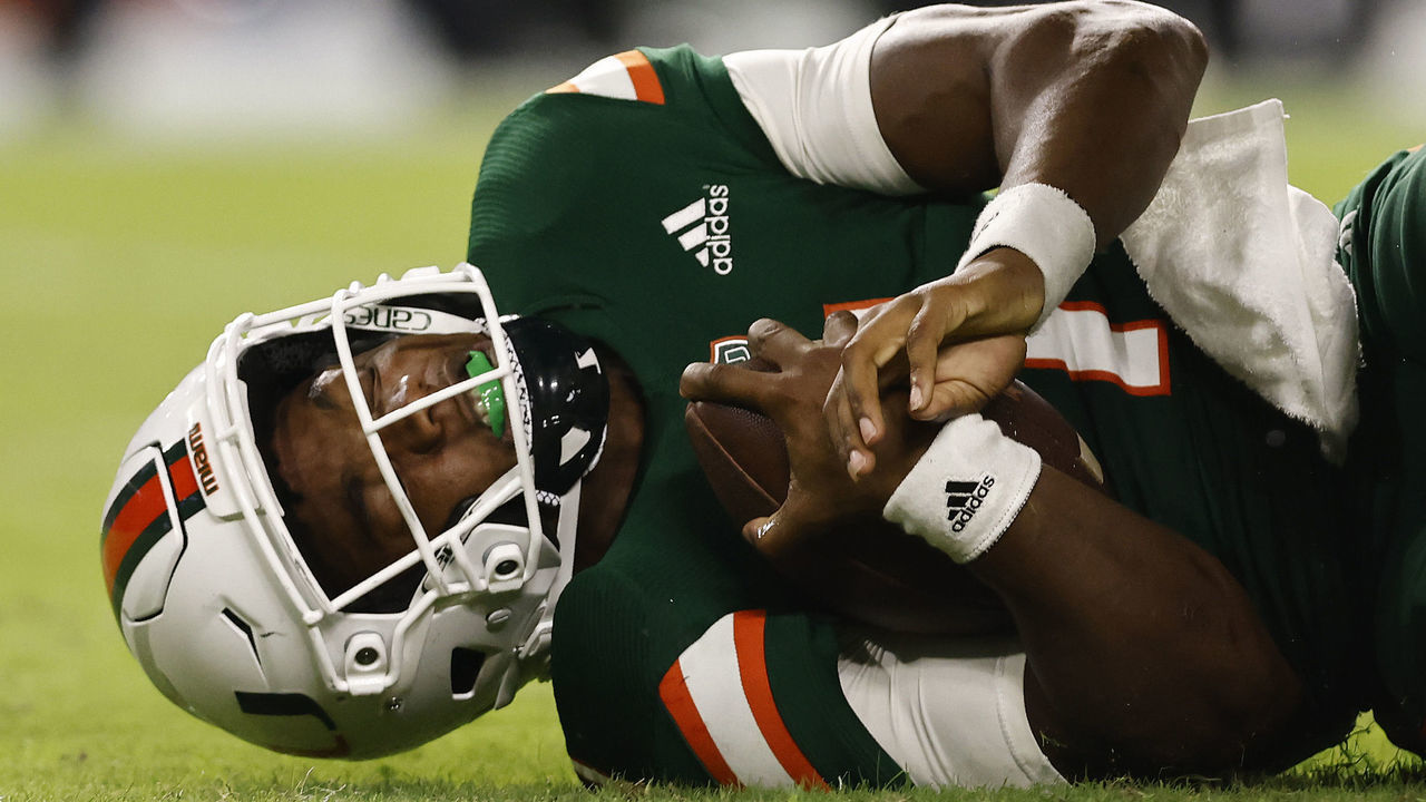 MIAMI GARDENS, FLORIDA - SEPTEMBER 11: D'Eriq King #1 of the Miami Hurricanes reacts after being sacked for a loss against the Appalachian State Mountaineers at Hard Rock Stadium on September 11, 2021 in Miami Gardens, Florida.