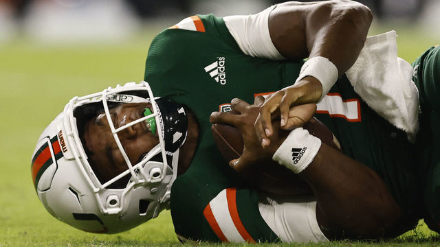 MIAMI GARDENS, FLORIDA - SEPTEMBER 11: D'Eriq King #1 of the Miami Hurricanes reacts after being sacked for a loss against the Appalachian State Mountaineers at Hard Rock Stadium on September 11, 2021 in Miami Gardens, Florida.