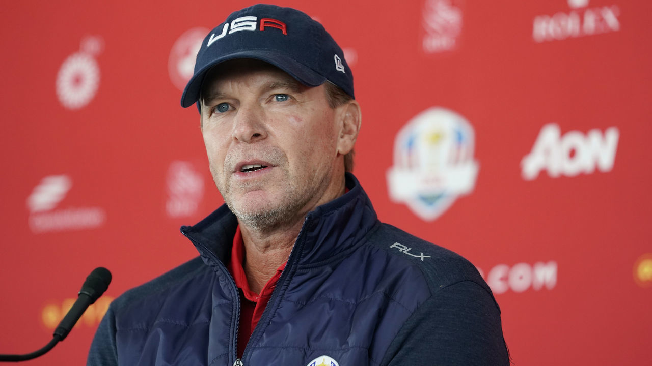 KOHLER, WISCONSIN - SEPTEMBER 08: U.S. Ryder Cup captain Steve Stricker speaks during the 43rd Ryder Cup Captain's Picks Press Conference at Whistling Straits on September 08, 2021 in Kohler, Wisconsin. Stricker announced Tony Finau, Xander Schauffele, Jordan Spieth, Harris English, Daniel Berger and Scottie Scheffler as his captain's picks.