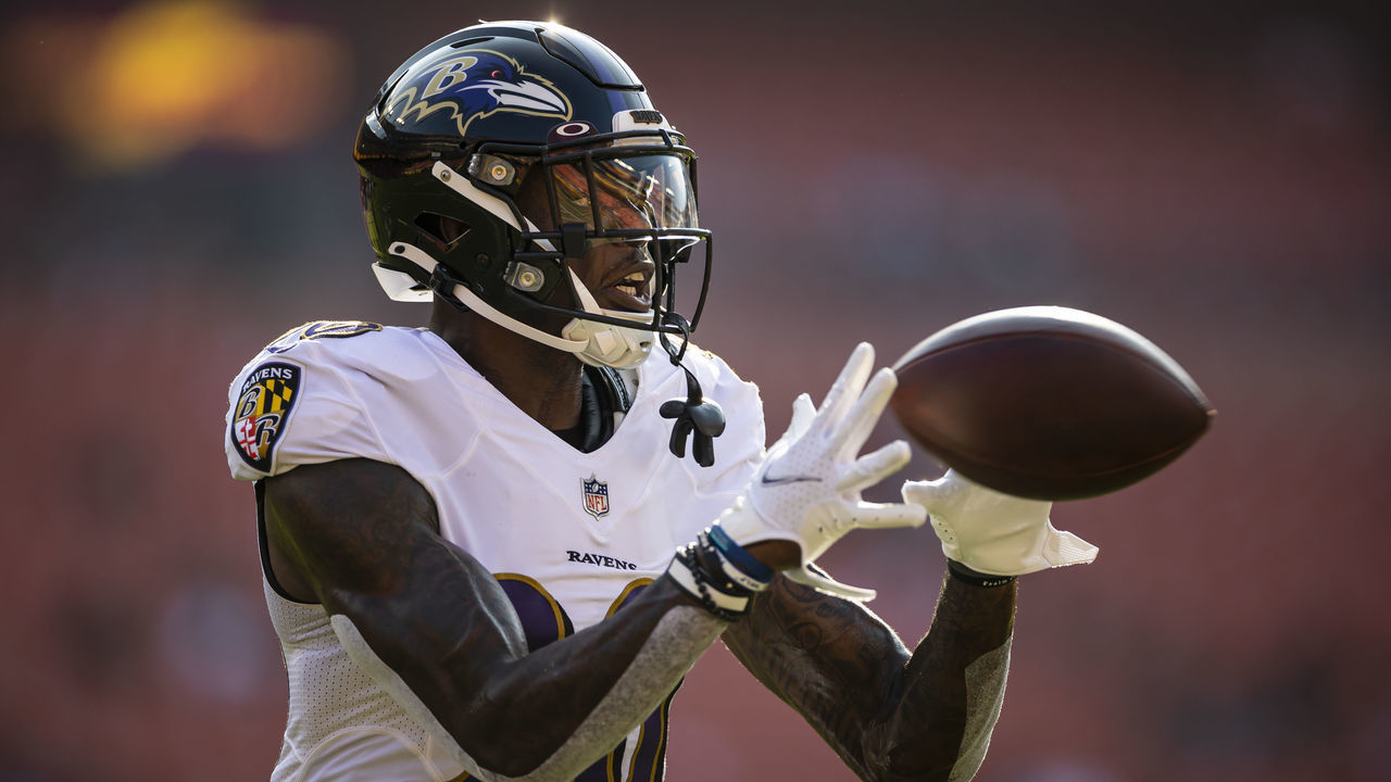 LANDOVER, MD - AUGUST 28: Chris Westry #30 of the Baltimore Ravens warms up before the preseason game against the Washington Football Team at FedExField on August 28, 2021 in Landover, Maryland.