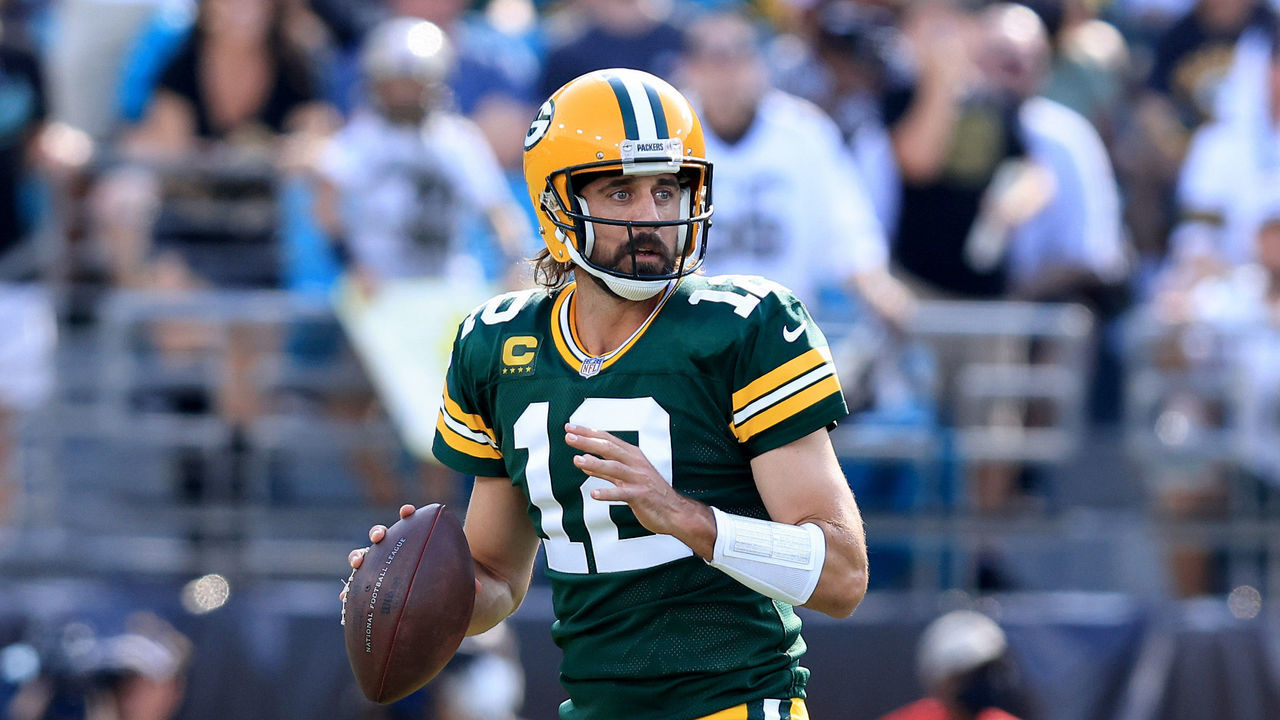 JACKSONVILLE, FLORIDA - SEPTEMBER 12: Aaron Rodgers #12 of the Green Bay Packers attempts a pass during the game against the New Orleans Saints at TIAA Bank Field on September 12, 2021 in Jacksonville, Florida.