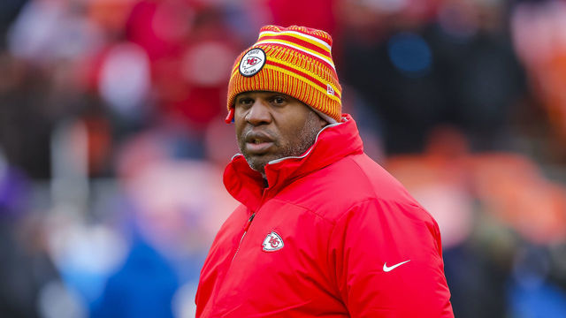 KANSAS CITY, MO - JANUARY 12: Kansas City Chiefs offensive coordinator Eric Bieniemy watches pregame warmups prior to the AFC Divisional playoff game against the Houston Texans at Arrowhead Stadium on January 12, 2020 in Kansas City, Missouri.