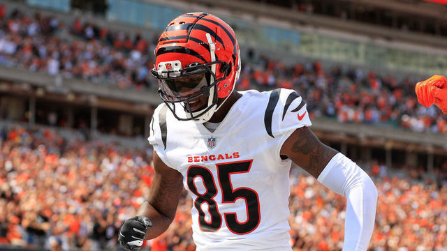 CINCINNATI, OH - SEPTEMBER 12: Cincinnati Bengals wide receiver Tee Higgins (85) celebrates after scoring a touchdown during the game against the Minnesota Vikings and the Cincinnati Bengals on September 12, 2021, at Paul Brown Stadium in Cincinnati, OH.