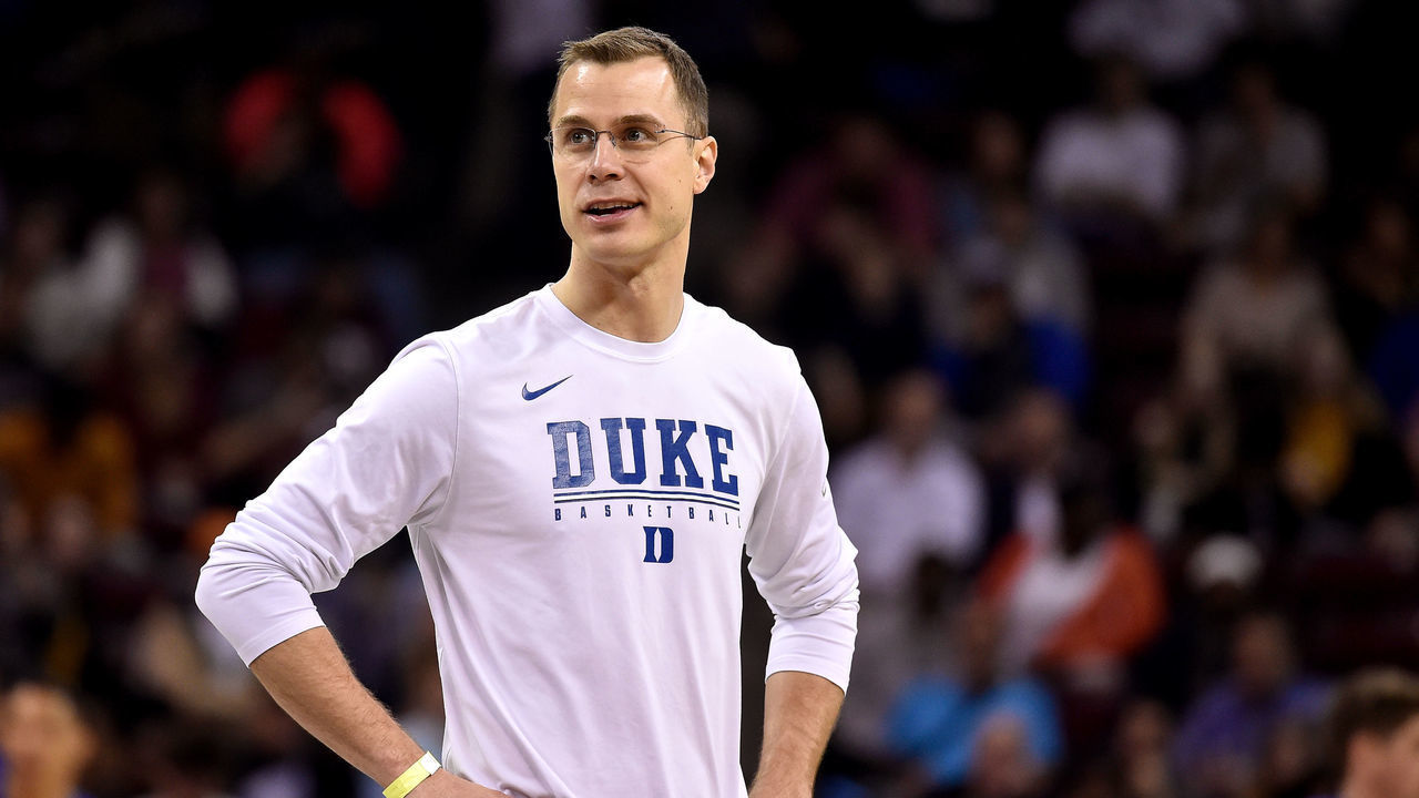 COLUMBIA, SC - MARCH 21: Associate head coach Jon Scheyer of the Duke Blue Devils looks on during their practice session prior to the first round of the 2019 NCAA Men's Basketball Championship at Colonial Life Arena on March 21, 2019 in Columbia, South Carolina.
