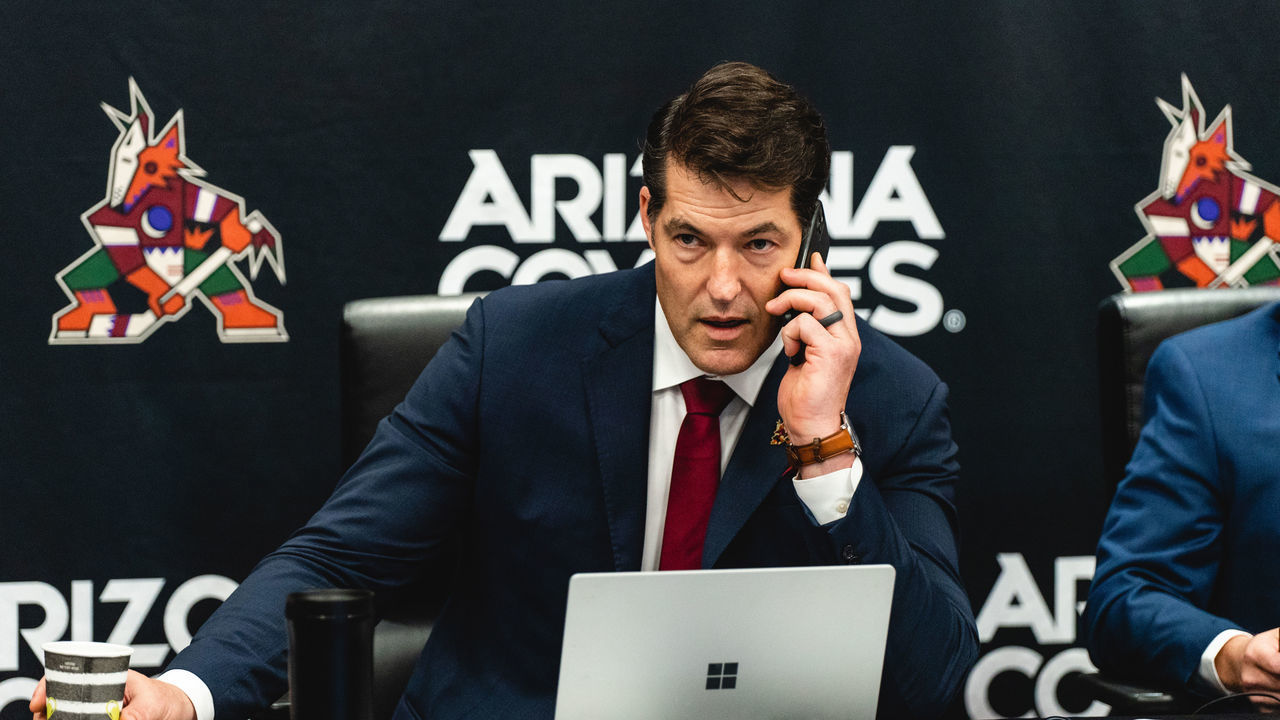 GLENDALE, ARIZONA - JULY 23: General manager Bill Armstrong of the Arizona Coyotes prepares for the first round of the 2021 NHL Entry Draft at Gila River Arena on July 23, 2021 in Glendale, Arizona.