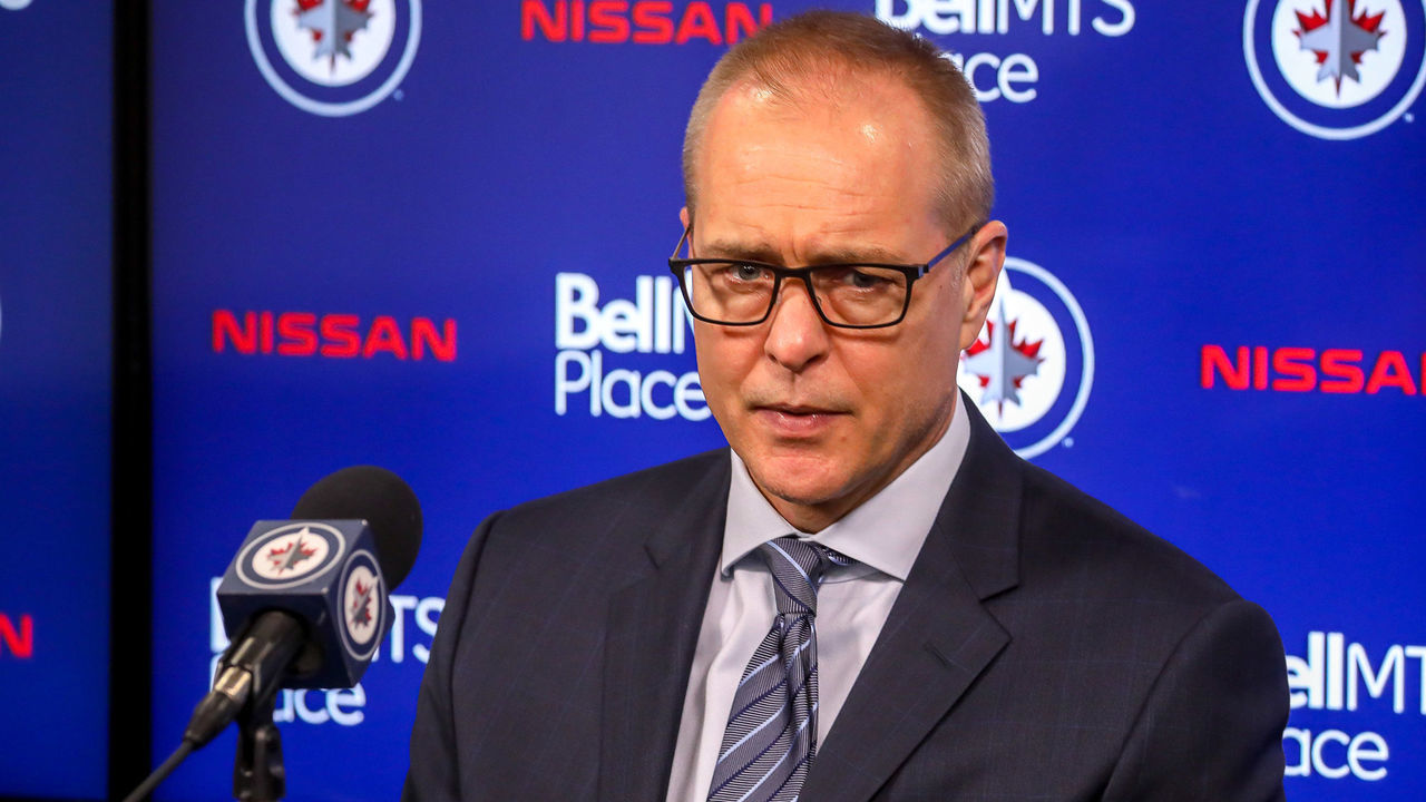 WINNIPEG, MB - MARCH 9: Head Coach Paul Maurice of the Winnipeg Jets answers questions during the post-game press conference following a 4-2 victory over the Arizona Coyotes at the Bell MTS Place on March 9, 2020 in Winnipeg, Manitoba, Canada.