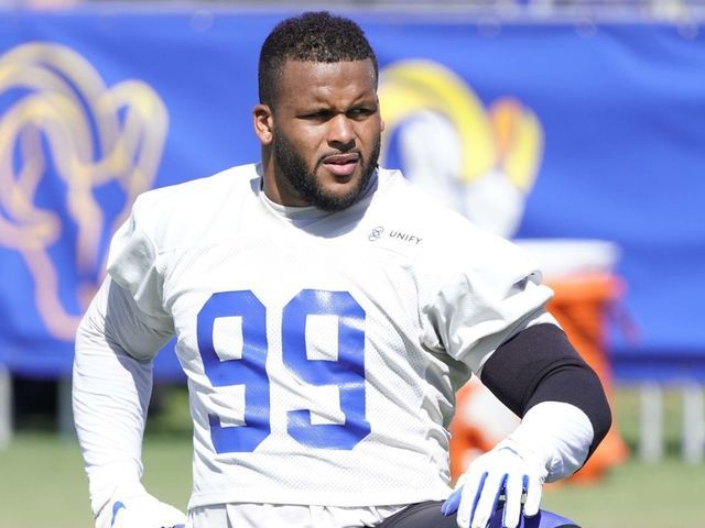 Aaron Donald #99 leads out Los Angeles Rams v Jets 2020 Images