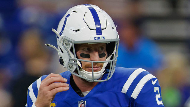INDIANAPOLIS, IN - SEPTEMBER 12: Carson Wentz #2 of the Indianapolis Colts is seen before the game against the Seattle Seahawks at Lucas Oil Stadium on September 12, 2021 in Indianapolis, Indiana.