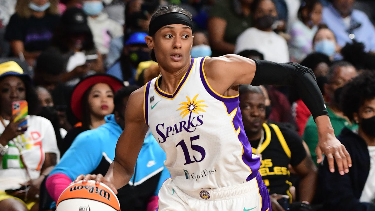 ATLANTA, GA - SEPTEMBER 16: Brittney Sykes #15 of the Los Angeles Sparks drives to the basket during the game against the Atlanta Dream on September 16, 2021 at Gateway Center Arena in College Park, Georgia. Mandatory Copyright Notice: Copyright 2021 NBAE