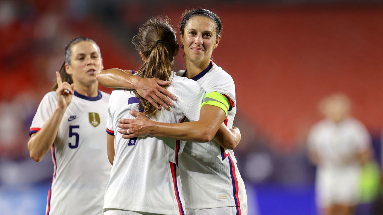 CLEVELAND, OH - SEPTEMBER 16: United States forward Tobin Heath (7) is congratulated by United States forward Carli Lloyd (10) after scoring a goal during the second half of the International Friendly between the United States and Paraguay on September 16, 2021, at FirstEnergy Stadium in Cleveland, OH.