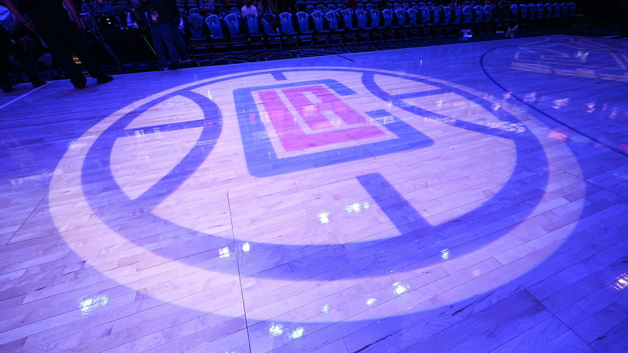 LOS ANGELES, CA - JUNE 18: The LA Clippers logo on the court during the game against the Utah Jazz during Round 2, Game 6 of the 2021 NBA Playoffs on June 18, 2021 at STAPLES Center in Los Angeles, California. NOTE TO USER: User expressly acknowledges and agrees that, by downloading and/or using this Photograph, user is consenting to the terms and conditions of the Getty Images License Agreement. Mandatory Copyright Notice: Copyright 2021 NBAE