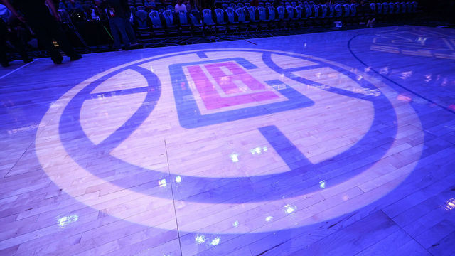 LOS ANGELES, CA - JUNE 18: The LA Clippers logo on the court during the game against the Utah Jazz during Round 2, Game 6 of the 2021 NBA Playoffs on June 18, 2021 at STAPLES Center in Los Angeles, California. NOTE TO USER: User expressly acknowledges and agrees that, by downloading and/or using this Photograph, user is consenting to the terms and conditions of the Getty Images License Agreement. Mandatory Copyright Notice: Copyright 2021 NBAE