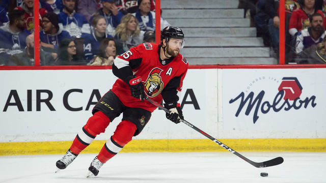 OTTAWA, ON - MARCH 16: Ottawa Senators Left Wing Zack Smith (15) stickhandles the puck during the first period of the NHL game between the Ottawa Senators and the Toronto Maple Leafs on March 16, 2019 at the Canadian Tire Centre in Ottawa, Ontario, Canada.