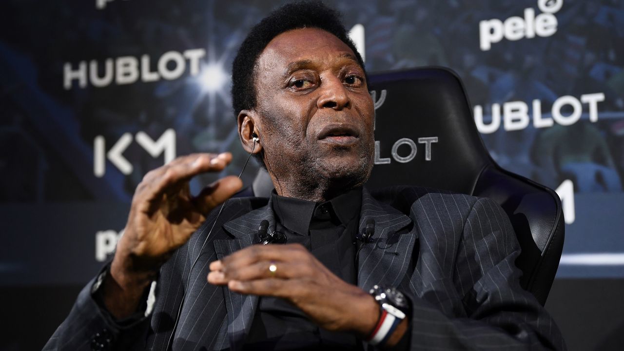 Brazilian football legend Pele speaks during a meeting with Paris Saint-Germain (PSG) and France national football team forward Kylian Mbappe at the Hotel Lutetia in Paris on April 2, 2019.