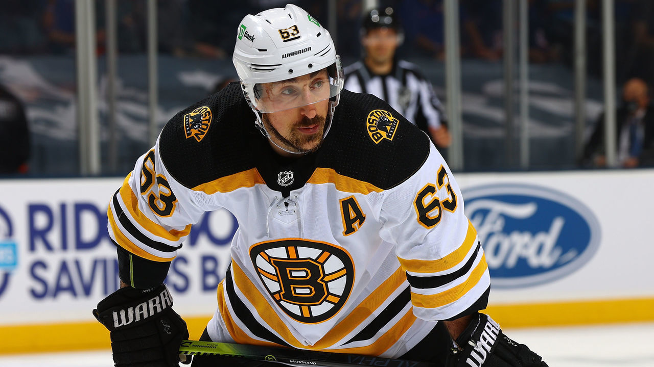UNIONDALE, NEW YORK - JUNE 05: Brad Marchand #63 of the Boston Bruins in action against the New York Islanders in Game Four of the Second Round of the 2021 Stanley Cup Playoffs at Nassau Coliseum on June 05, 2021 in Uniondale, New York. New York Islanders defeated the Boston Bruins 4-1.