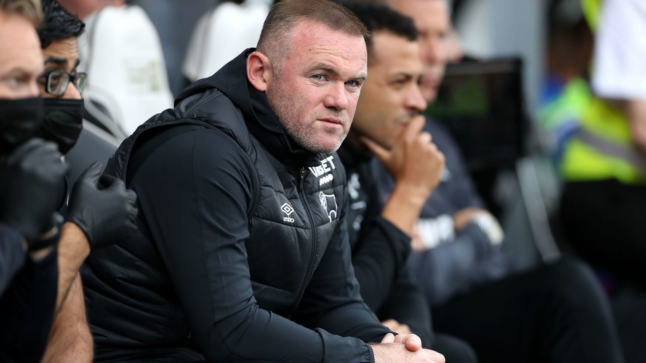Derby County manager Wayne Rooney during the Sky Bet Championship match at Pride Park Stadium, Derby. Picture date: Saturday August 28, 2021.