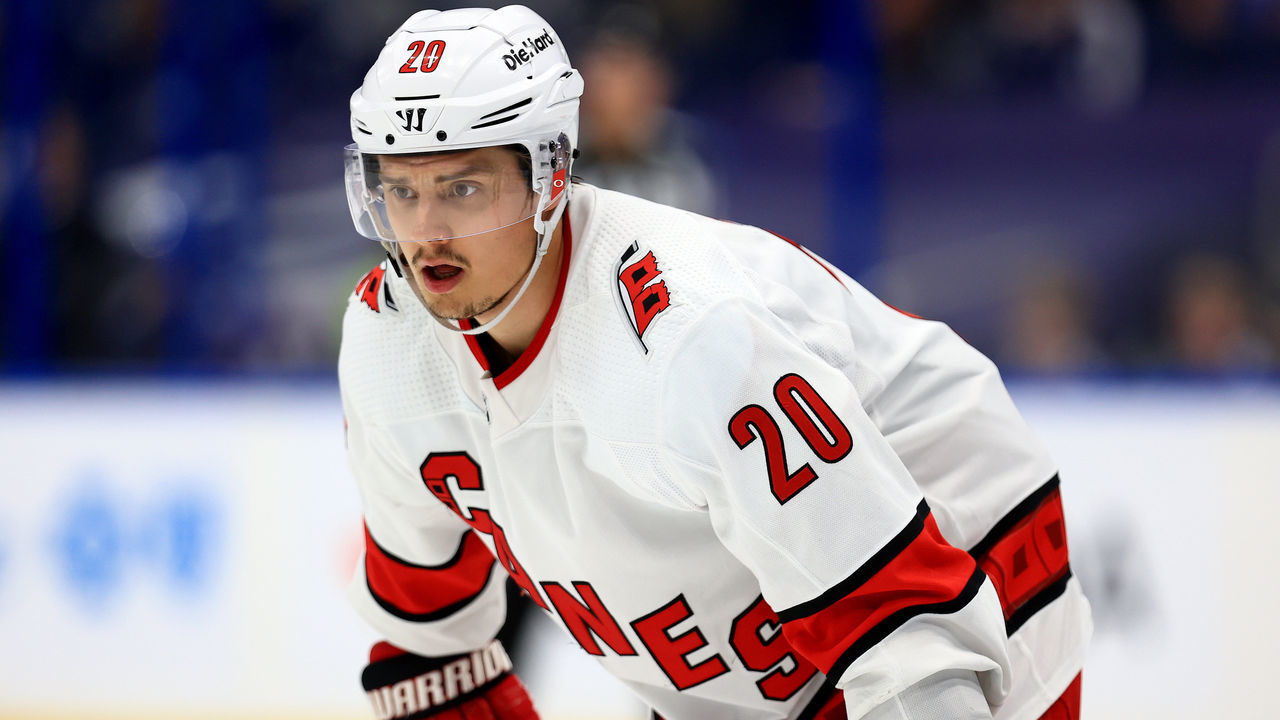 TAMPA, FLORIDA - JUNE 05: Sebastian Aho #20 of the Carolina Hurricanes looks on during Game Four of the Second Round of the 2021 Stanley Cup Playoffs against the Tampa Bay Lightning at Amalie Arena on June 05, 2021 in Tampa, Florida.