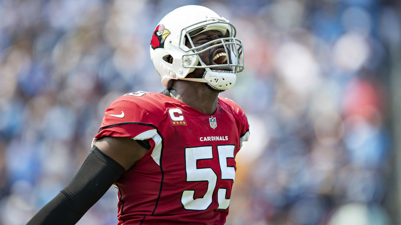 NASHVILLE, TENNESSEE - SEPTEMBER 12: Chandler Jones #55 of the Arizona Cardinals celebrates after sacking the quarterback during the game against the Tennessee Titans at Nissan Stadium on September 12, 2021 in Nashville, Tennessee. The Cardinals defeated the Titans 38-13.