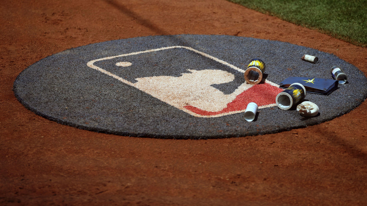 Baseball: View of on deck circle with MLB logo, bat weights and rosin bag during Oakland Athletics vs Tampa Bay Rays at RingCentral Coliseum. Equipment. Oakland, CA 5/8/2021 CREDIT: Brad Mangin