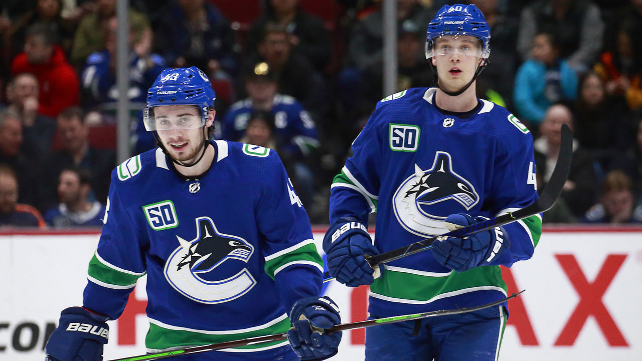 VANCOUVER, BC - MARCH 10: Quinn Hughes #43 and Elias Pettersson #40 of the Vancouver Canucks skate up ice during their NHL game against the New York Islanders at Rogers Arena March 10, 2020 in Vancouver, British Columbia, Canada. "n