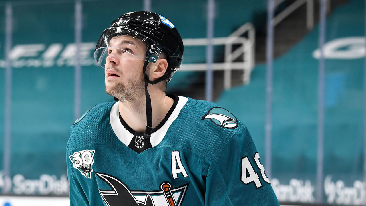 SAN JOSE, CA - MAY 08: Tomas Hertl #48 of the San Jose Sharks skates during warmups against the Arizona Coyotes at SAP Center on May 8, 2021 in San Jose, California.