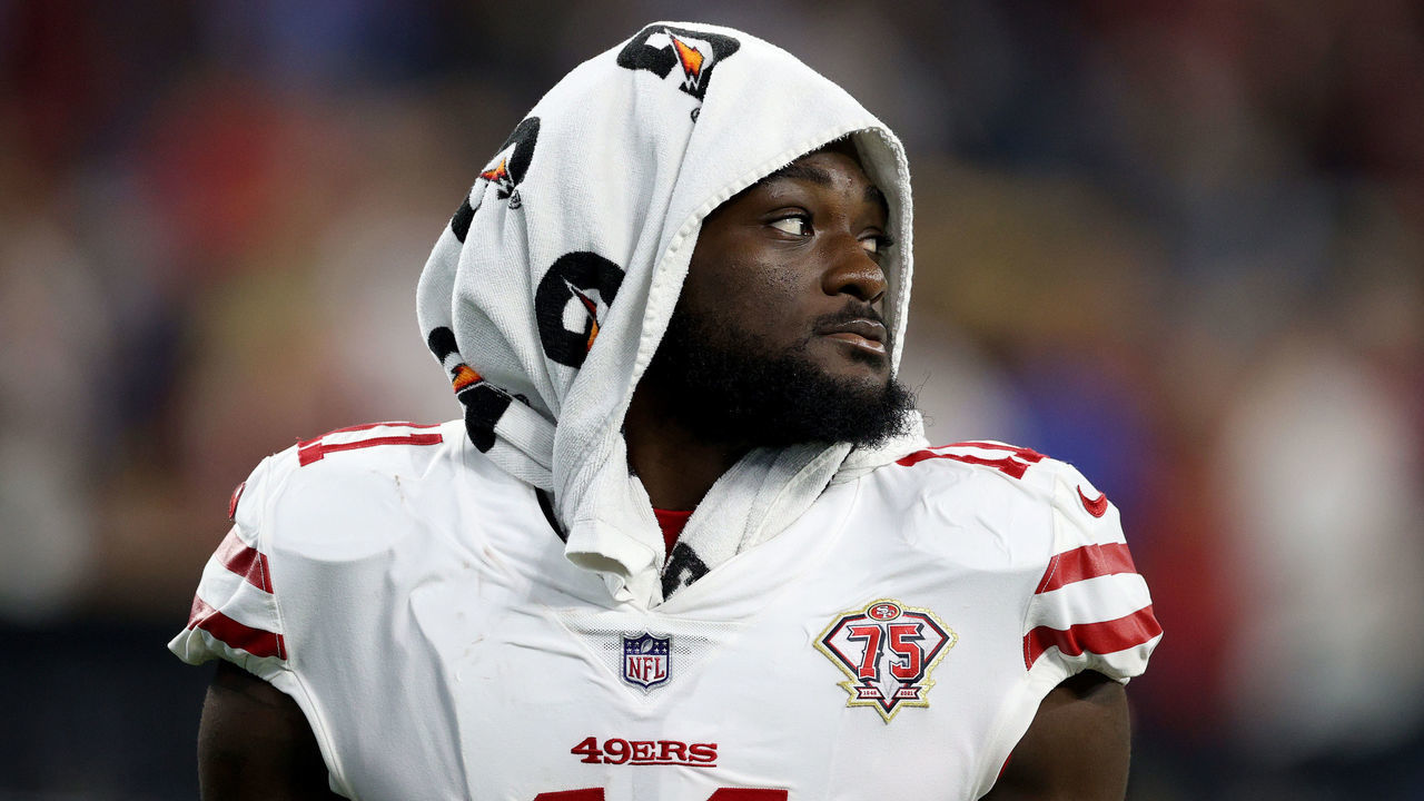 INGLEWOOD, CALIFORNIA - AUGUST 22: Brandon Aiyuk #11 of the San Francisco 49ers looks back as he leaves the field in a 15-10 win during a preseason game between the Los Angeles Chargers and the San Francisco 49ers at SoFi Stadium on August 22, 2021 in Inglewood, California.