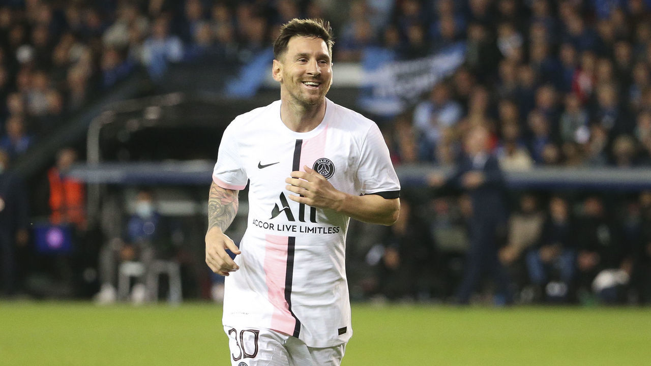 Lionel Messi of PSG celebrates the goal of Ander Herrera of PSG during the UEFA Champions League, Group Stage, Group 1 football match between Club Brugge KV and Paris Saint-Germain (PSG)on September 15, 2021 at Jan Breydel Stadion in Bruges, Belgium