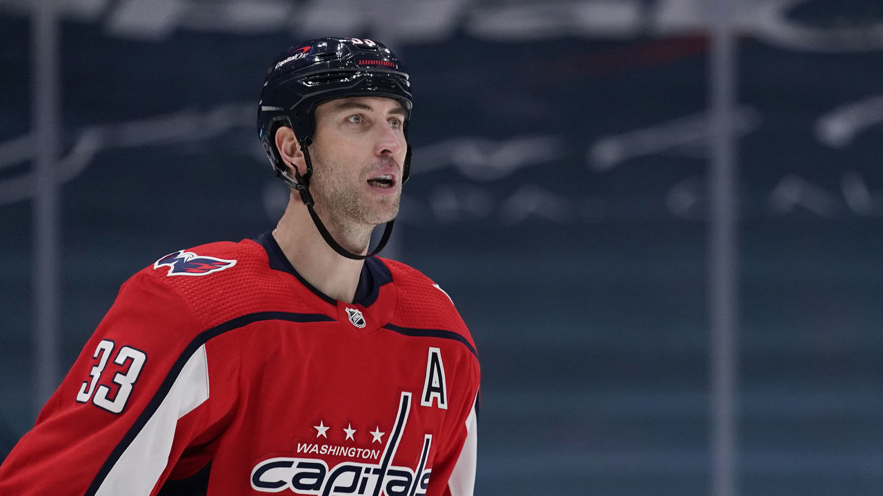 WASHINGTON, DC - APRIL 29: Zdeno Chara #33 of the Washington Capitals skates against the Pittsburgh Penguins in the second period at Capital One Arena on April 29, 2021 in Washington, DC.