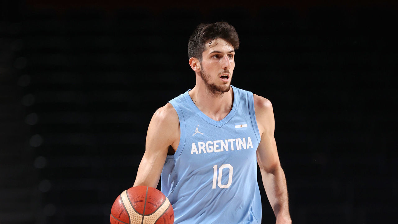TOKYO, JAPAN - AUGUST 3: Leandro Bolmaro #10 of the Argentina Men's National Team dribbles the ball against the Australia Men's National Team during the quarterfinals of the 2020 Tokyo Olympics at the Saitama Super Arena on August 3, 2021 in Tokyo, Japan. NOTE TO USER: User expressly acknowledges and agrees that, by downloading and/or using this Photograph, user is consenting to the terms and conditions of the Getty Images License Agreement. Mandatory Copyright Notice: Copyright 2021 NBAE