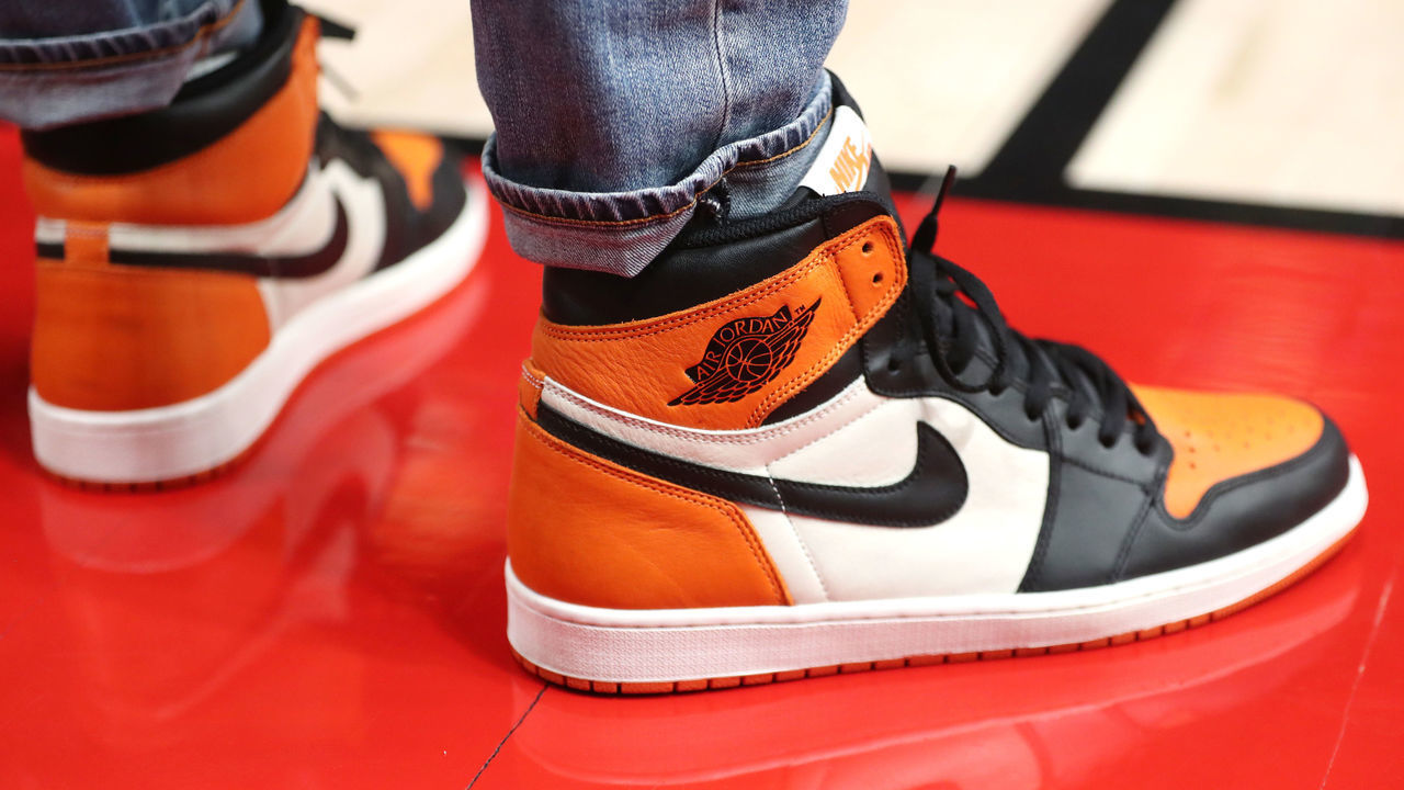 PORTLAND, OREGON - DECEMBER 21: A detailed view of the Nike Air Jordan shoes worn by Carmelo Anthony #00 of the Portland Trail Blazers during their game at Moda Center on December 21, 2019 in Portland, Oregon.