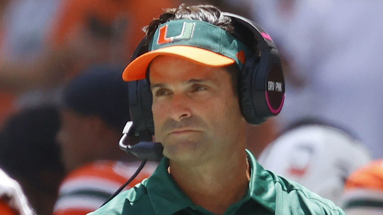 MIAMI GARDENS, FL - SEPTEMBER 18: Head coach Manny Diaz of the Miami Hurricanes looks on during first quarter action against the Michigan State Spartans on September 18, 2021 at Hard Rock Stadium in Miami Gardens, Florida. .