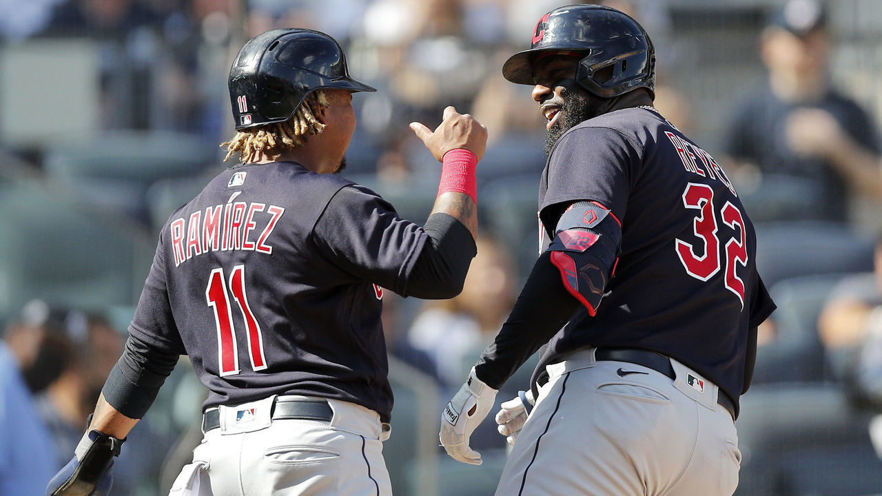 NEW YORK, NEW YORK - SEPTEMBER 18: Franmil Reyes #32 of the Cleveland Indians celebrates his sixth inning two-run home run against the New York Yankees with teammate Jose Ramirez #11 at Yankee Stadium on September 18, 2021 in New York City.