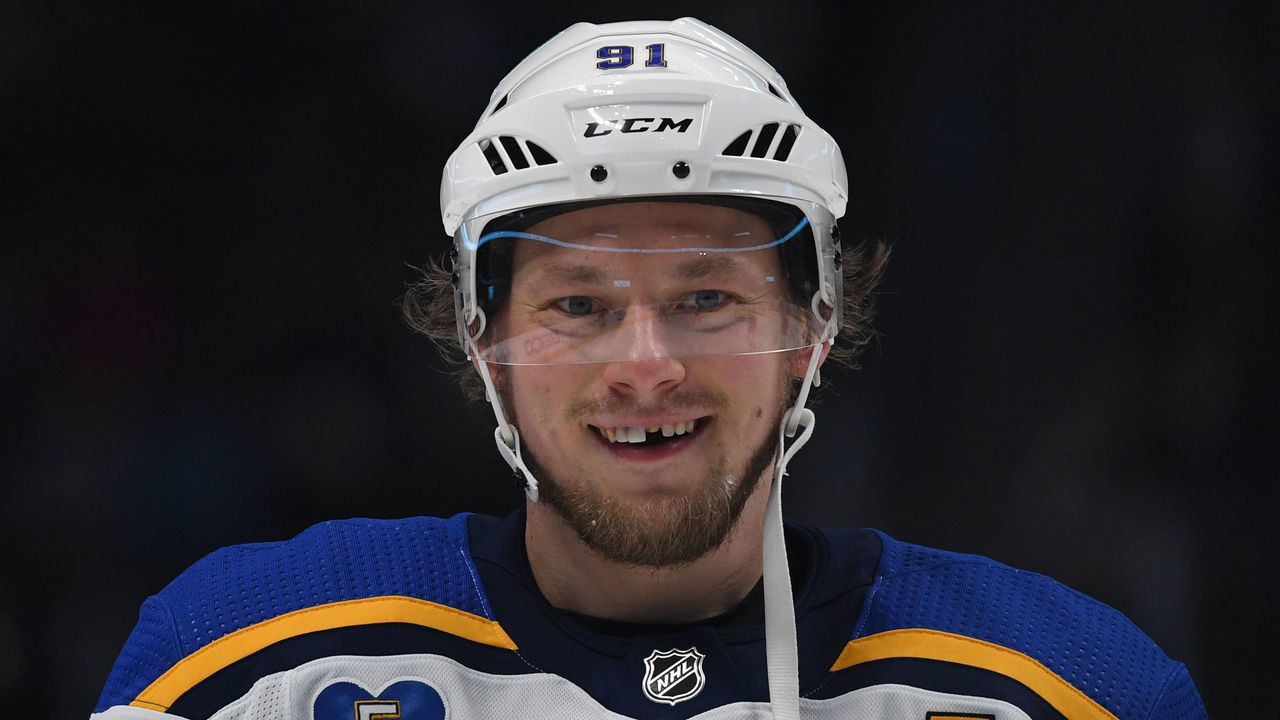 DENVER, COLORADO - MAY 19: St. Louis Blues right wing Vladimir Tarasenko (91) smiles during warm-ups before game 2 in first-round series at Ball Arena on May 19, 2021 in Denver, Colorado.