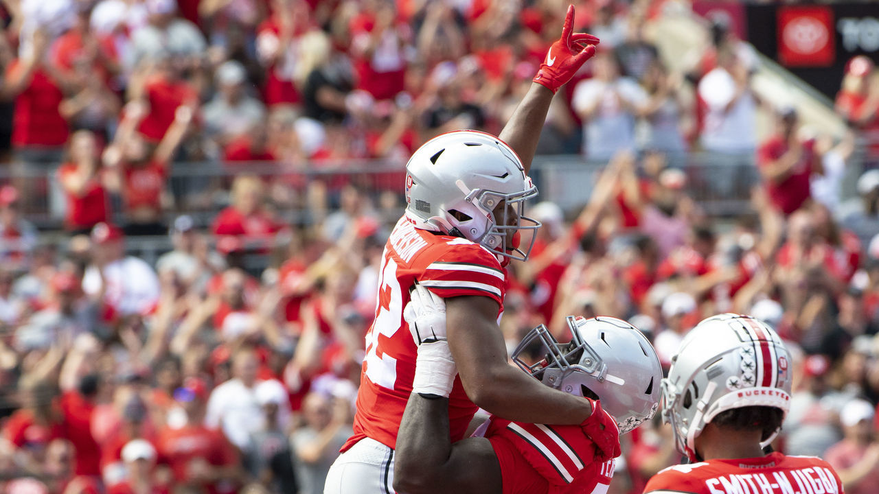 COLUMBUS, OH - SEPTEMBER 11: Running back TreVeyon Henderson #32 of the Ohio State Buckeyes is lifted into the air after scoring a touchdown by offensive tackle Nicholas Petit-Frere #78 during the fourth quarter at Ohio Stadium on September 11, 2021 in Columbus, Ohio.